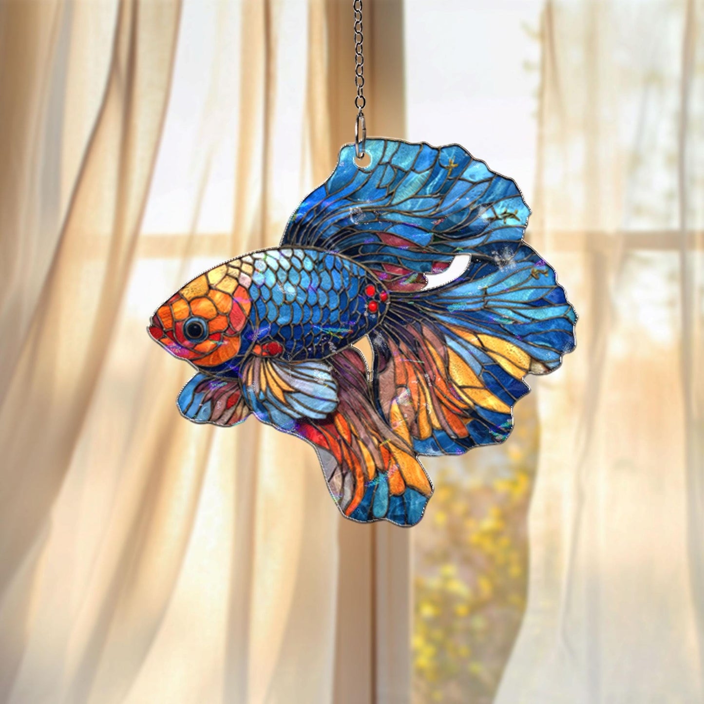 Betta Fish Acrylic Suncatcher, Colorful Siamese Fighting Fish Window Hanging, Stained Glass Style Aquatic Decor, Fish Lover Gift