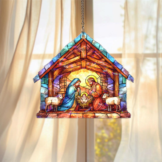 Nativity Scene Acrylic Suncatcher, Holy Family Christmas Window Hanging, Stained Glass Style Christian Decor, Religious Gift for Home