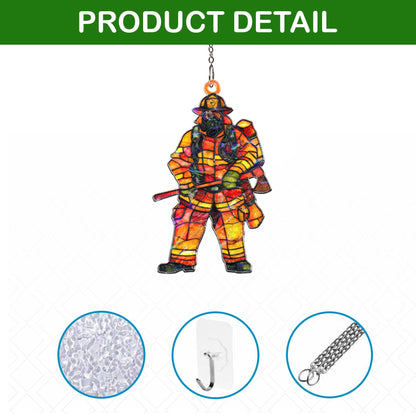 Firefighter Acrylic Suncatcher, Hero Window Hanging, Stained Glass Style Fireman Decor, First Responder Gift, Patriotic Home Accent