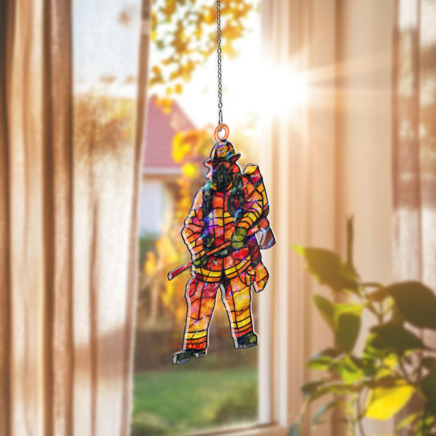 Firefighter Acrylic Suncatcher, Hero Window Hanging, Stained Glass Style Fireman Decor, First Responder Gift, Patriotic Home Accent