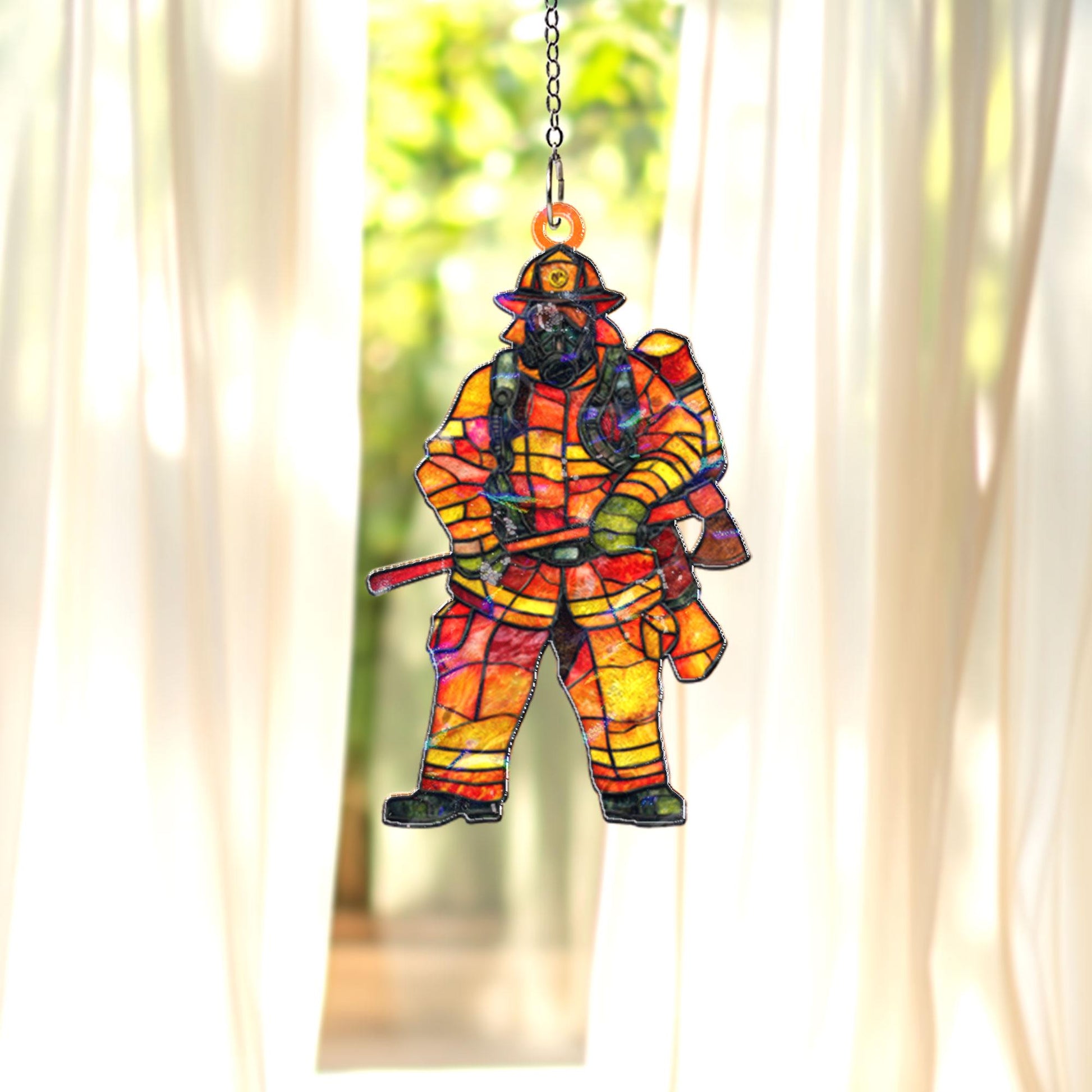 Firefighter Acrylic Suncatcher, Hero Window Hanging, Stained Glass Style Fireman Decor, First Responder Gift, Patriotic Home Accent