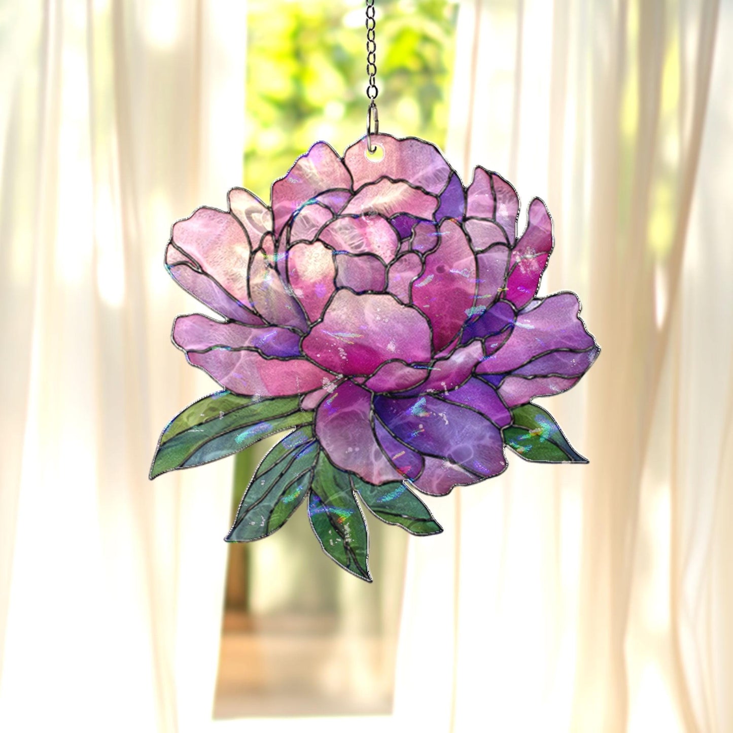 Purple Peony Acrylic Suncatcher, Floral Window Hanging, Stained Glass Style Sun Catcher, Botanical Home Decor Gift