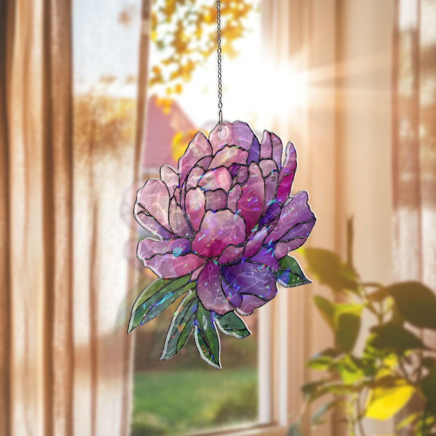 Purple Peony Acrylic Suncatcher, Floral Window Hanging, Stained Glass Style Sun Catcher, Botanical Home Decor Gift