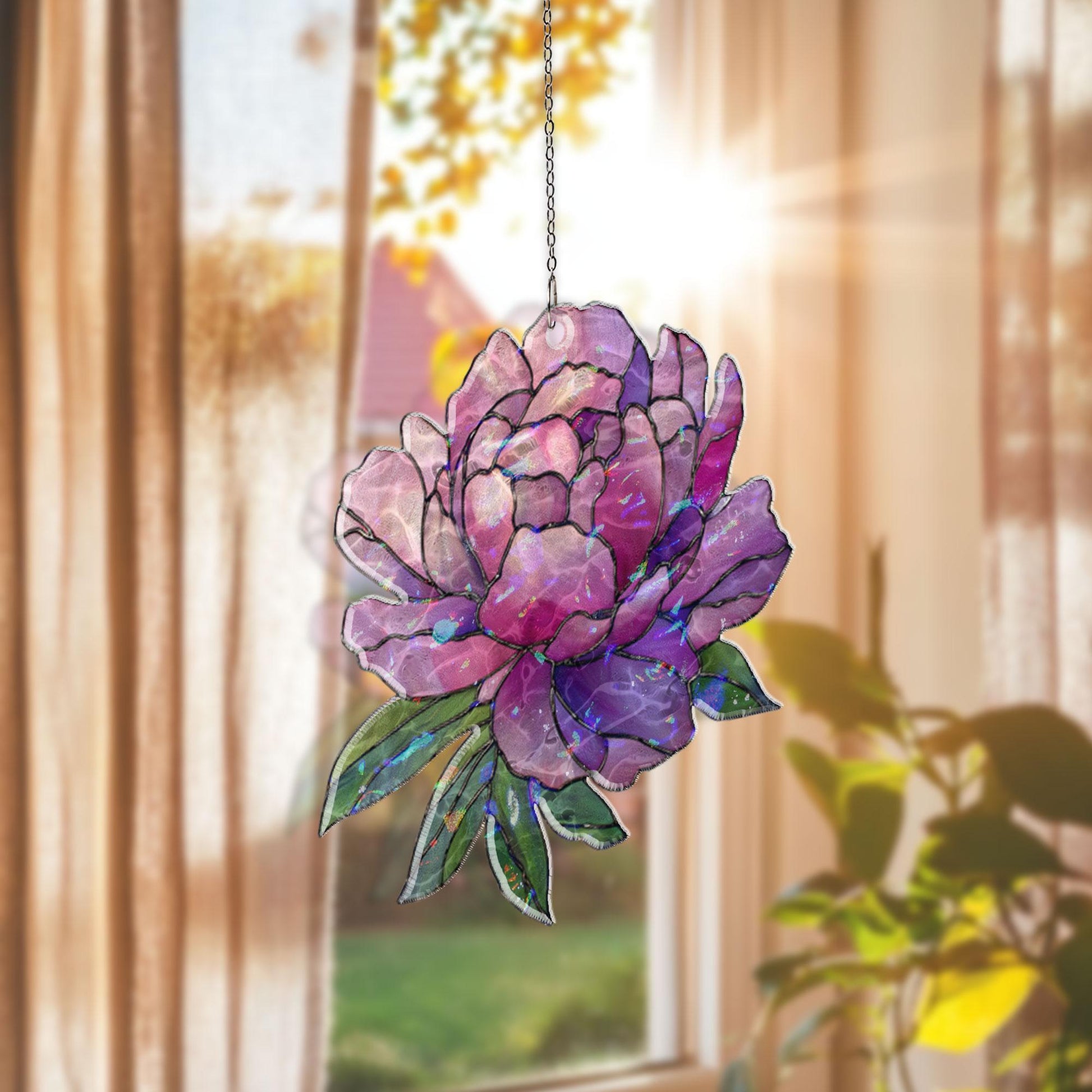 Purple Peony Acrylic Suncatcher, Floral Window Hanging, Stained Glass Style Sun Catcher, Botanical Home Decor Gift