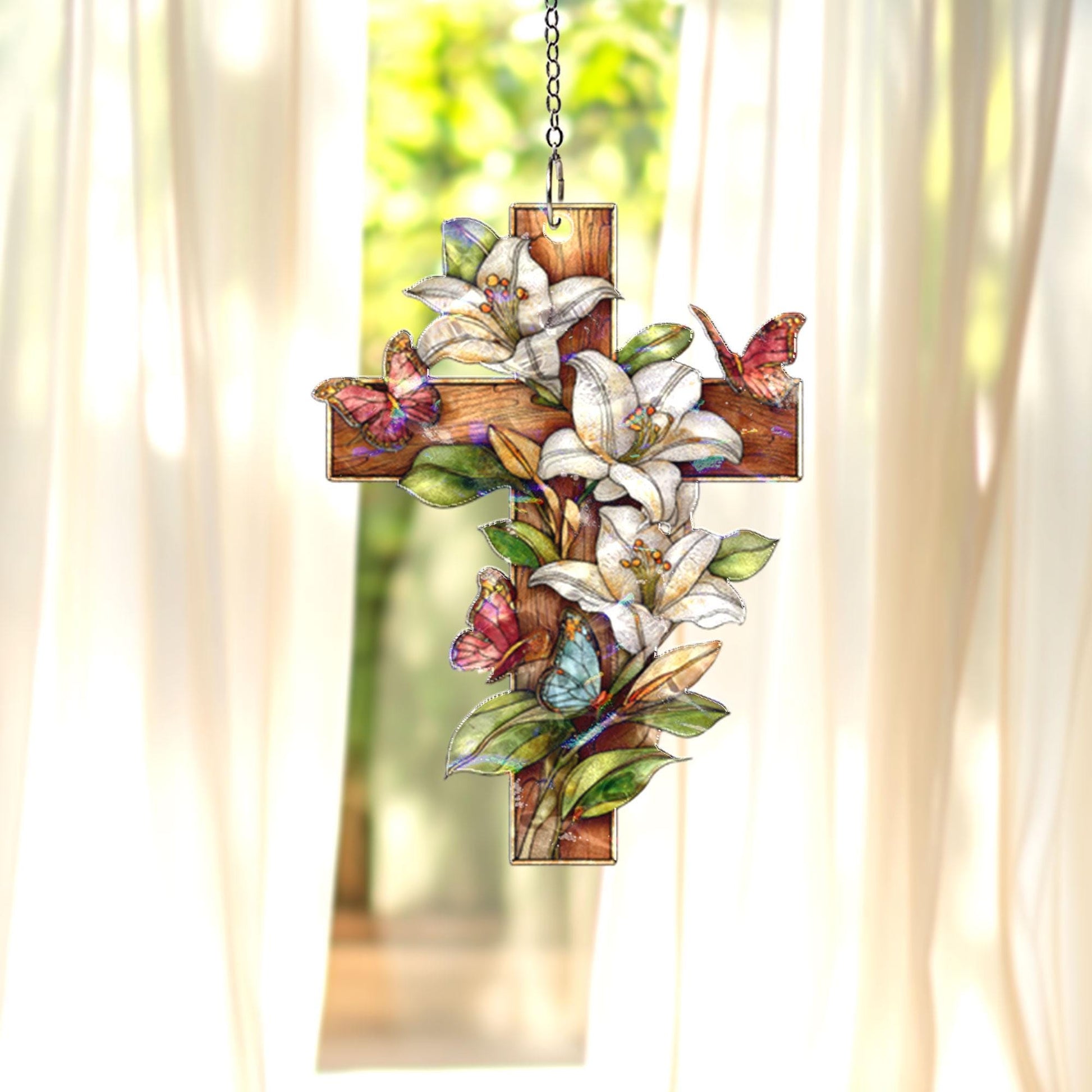 Floral Cross Acrylic Suncatcher, Christian Window Hanging, Lily Butterfly Stained Glass Style Sun Catcher, Religious Home Decor Gift