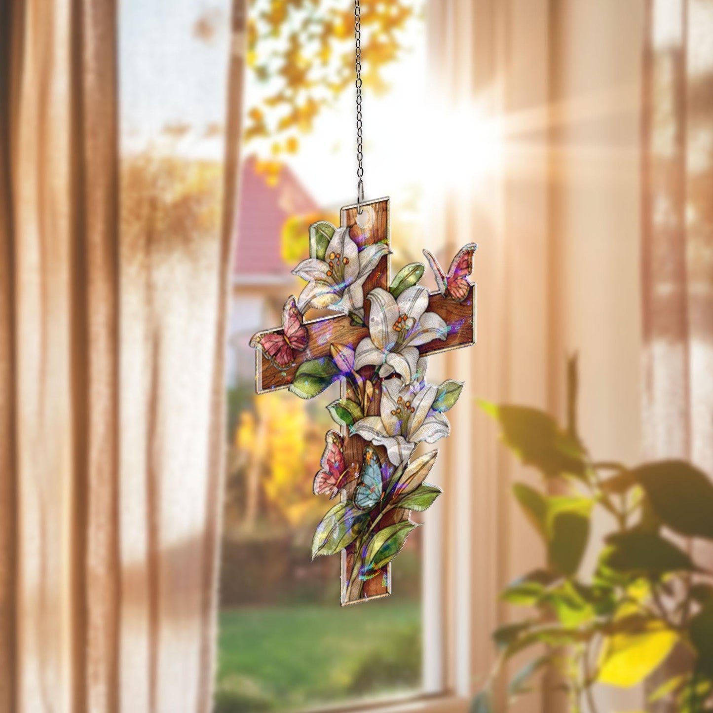 Floral Cross Acrylic Suncatcher, Christian Window Hanging, Lily Butterfly Stained Glass Style Sun Catcher, Religious Home Decor Gift