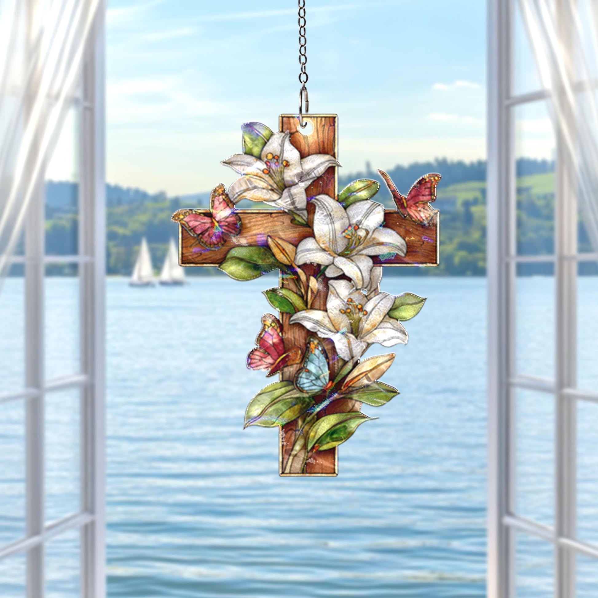Floral Cross Acrylic Suncatcher, Christian Window Hanging, Lily Butterfly Stained Glass Style Sun Catcher, Religious Home Decor Gift