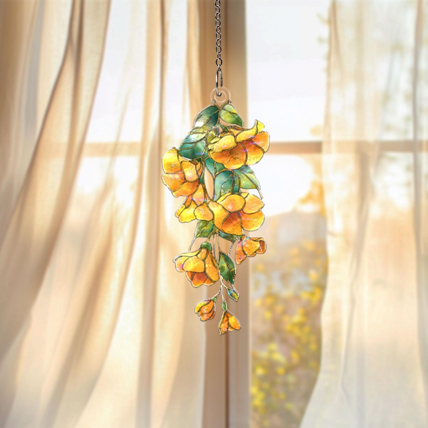 Yellow Floral Acrylic Suncatcher, Hanging Flower Window Decor, Stained Glass Style Sun Catcher, Botanical Home Decor Gift