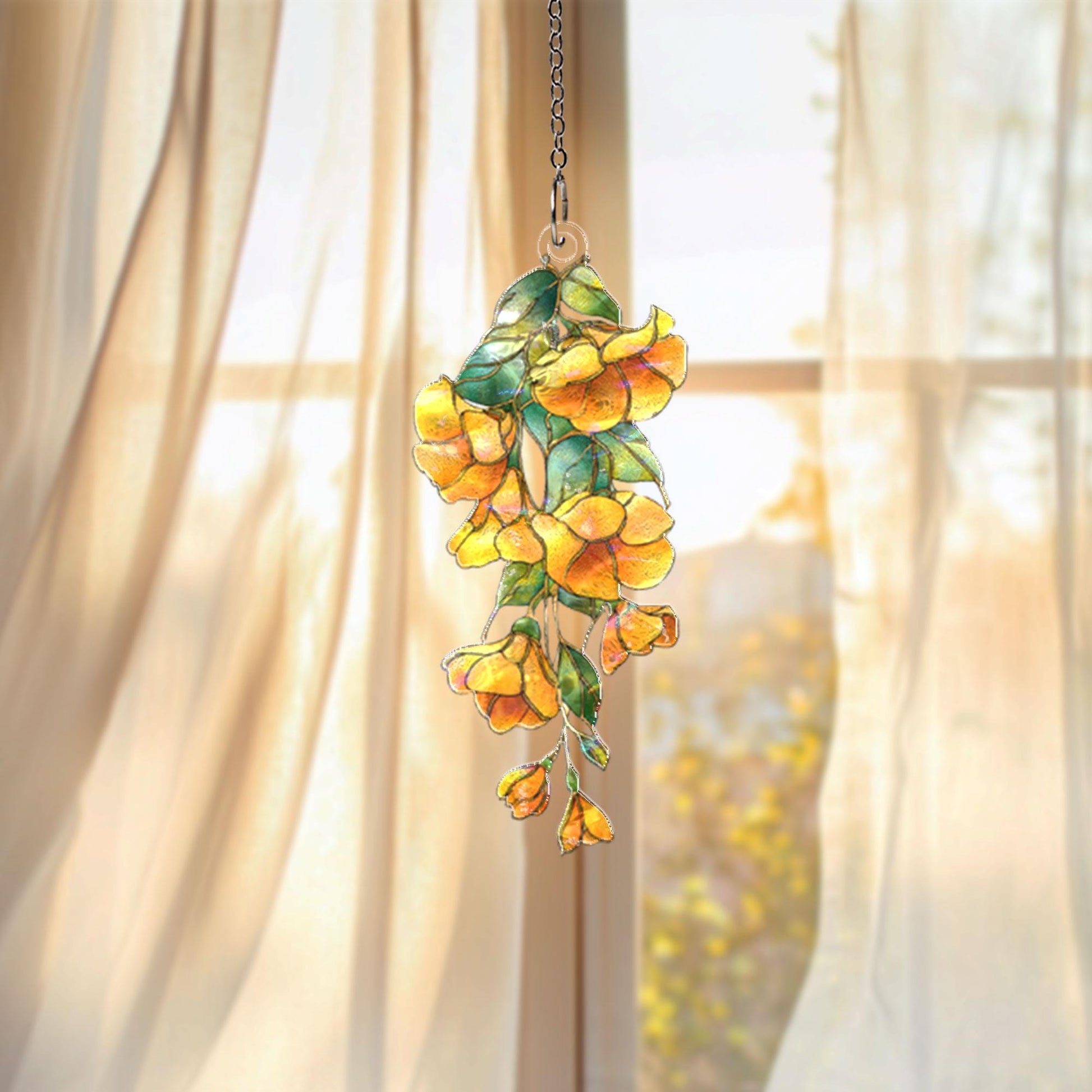 Yellow Floral Acrylic Suncatcher, Hanging Flower Window Decor, Stained Glass Style Sun Catcher, Botanical Home Decor Gift