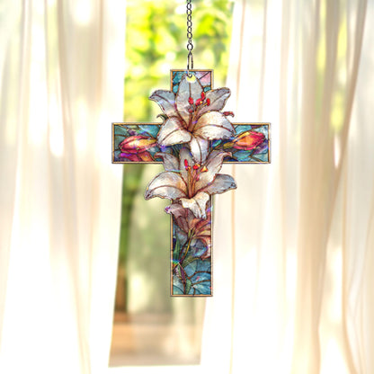 Lily Cross Acrylic Suncatcher, Christian Window Hanging, Floral Stained Glass Style Sun Catcher, Religious Home Decor Gift
