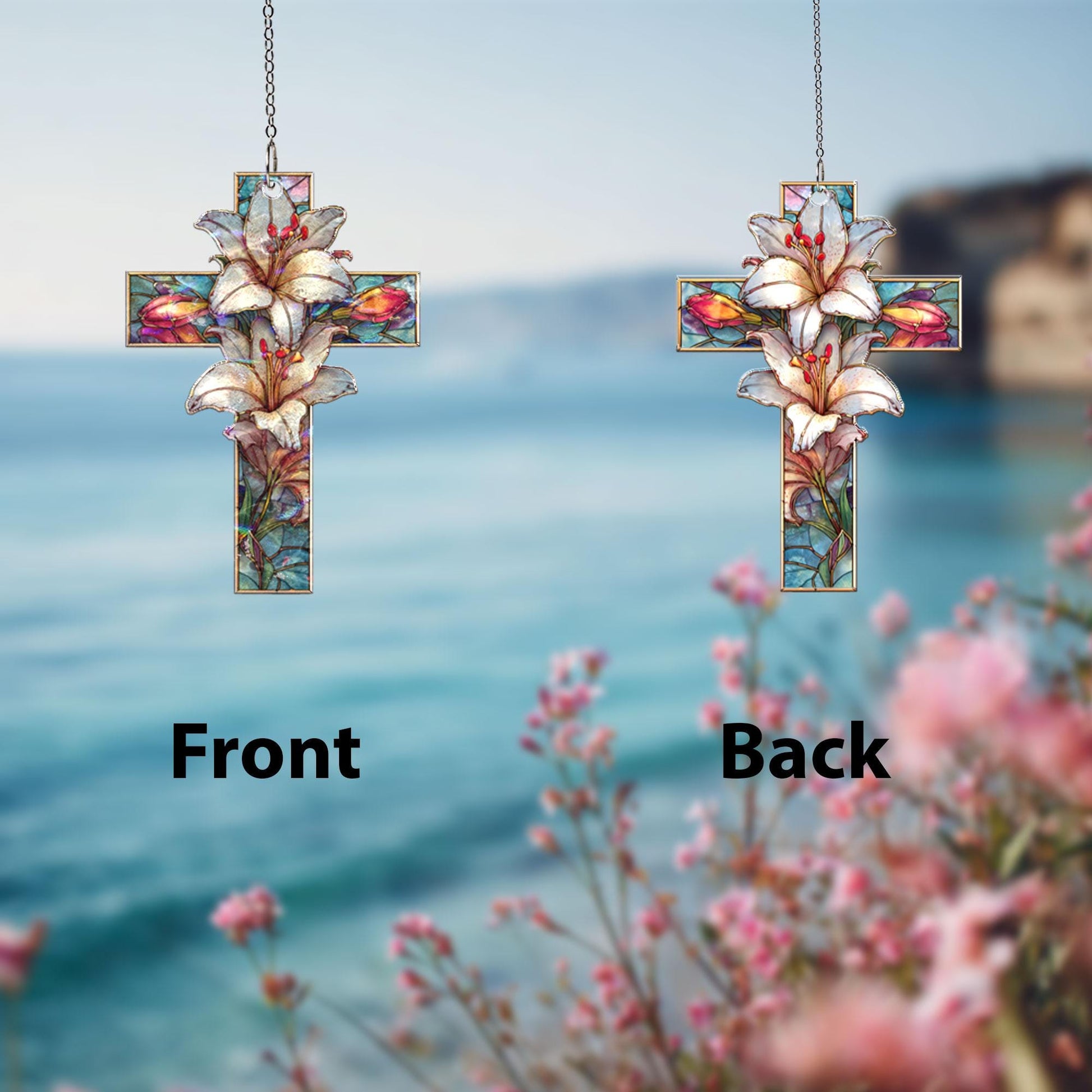 Lily Cross Acrylic Suncatcher, Christian Window Hanging, Floral Stained Glass Style Sun Catcher, Religious Home Decor Gift