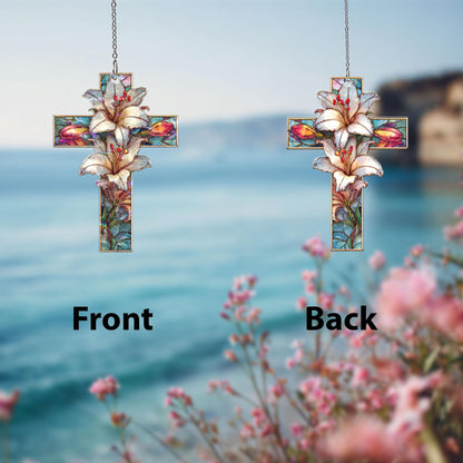 Lily Cross Acrylic Suncatcher, Christian Window Hanging, Floral Stained Glass Style Sun Catcher, Religious Home Decor Gift