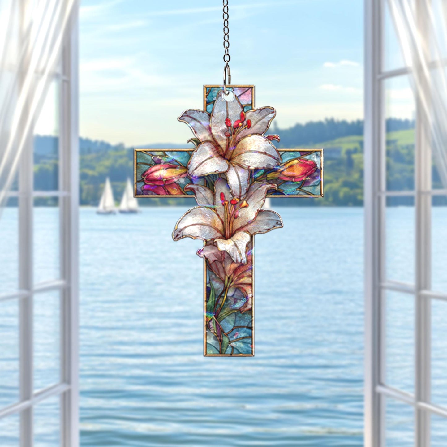 Lily Cross Acrylic Suncatcher, Christian Window Hanging, Floral Stained Glass Style Sun Catcher, Religious Home Decor Gift