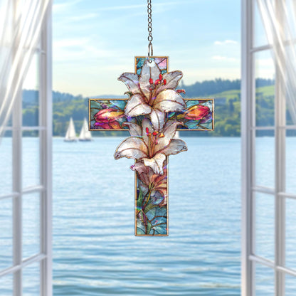 Lily Cross Acrylic Suncatcher, Christian Window Hanging, Floral Stained Glass Style Sun Catcher, Religious Home Decor Gift