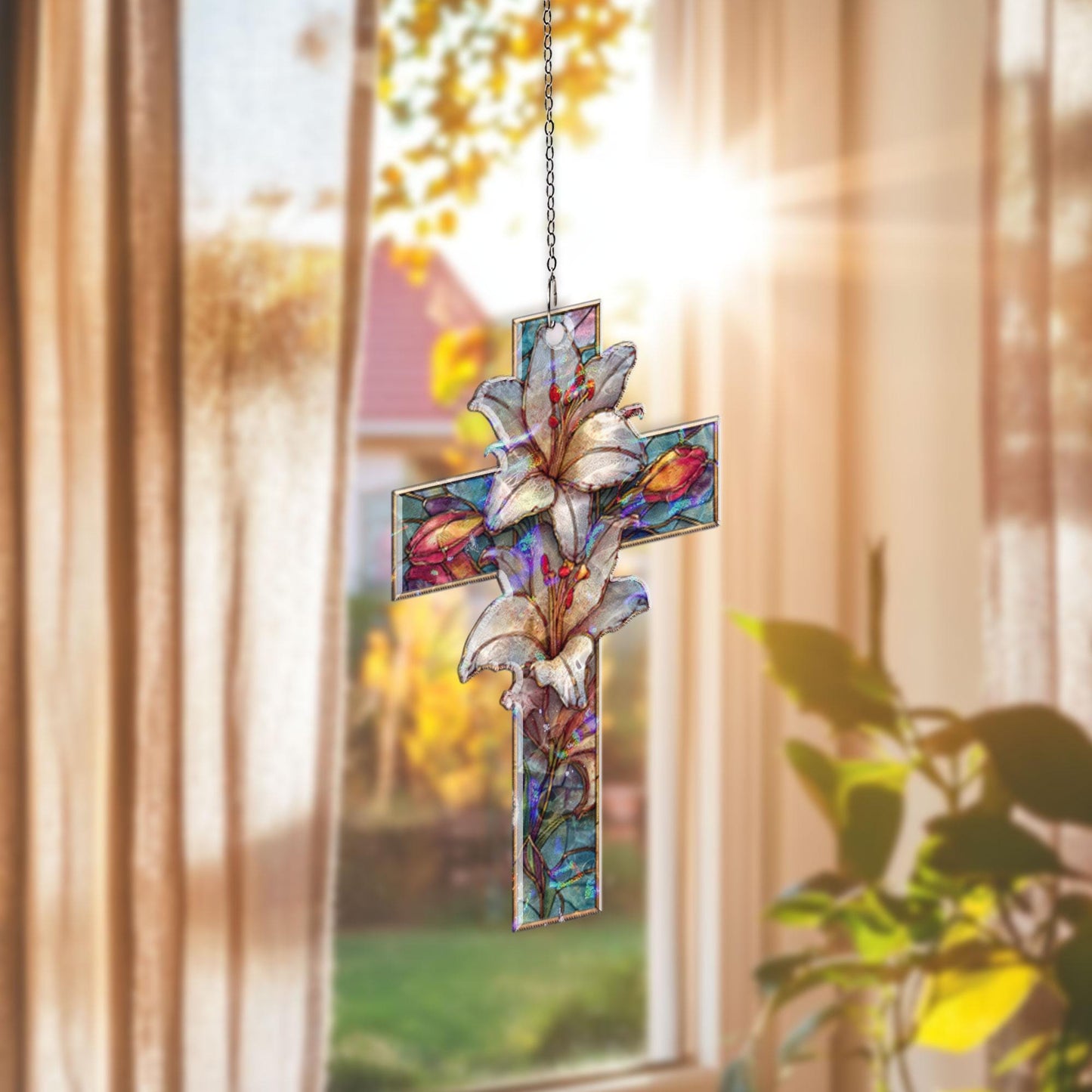 Lily Cross Acrylic Suncatcher, Christian Window Hanging, Floral Stained Glass Style Sun Catcher, Religious Home Decor Gift