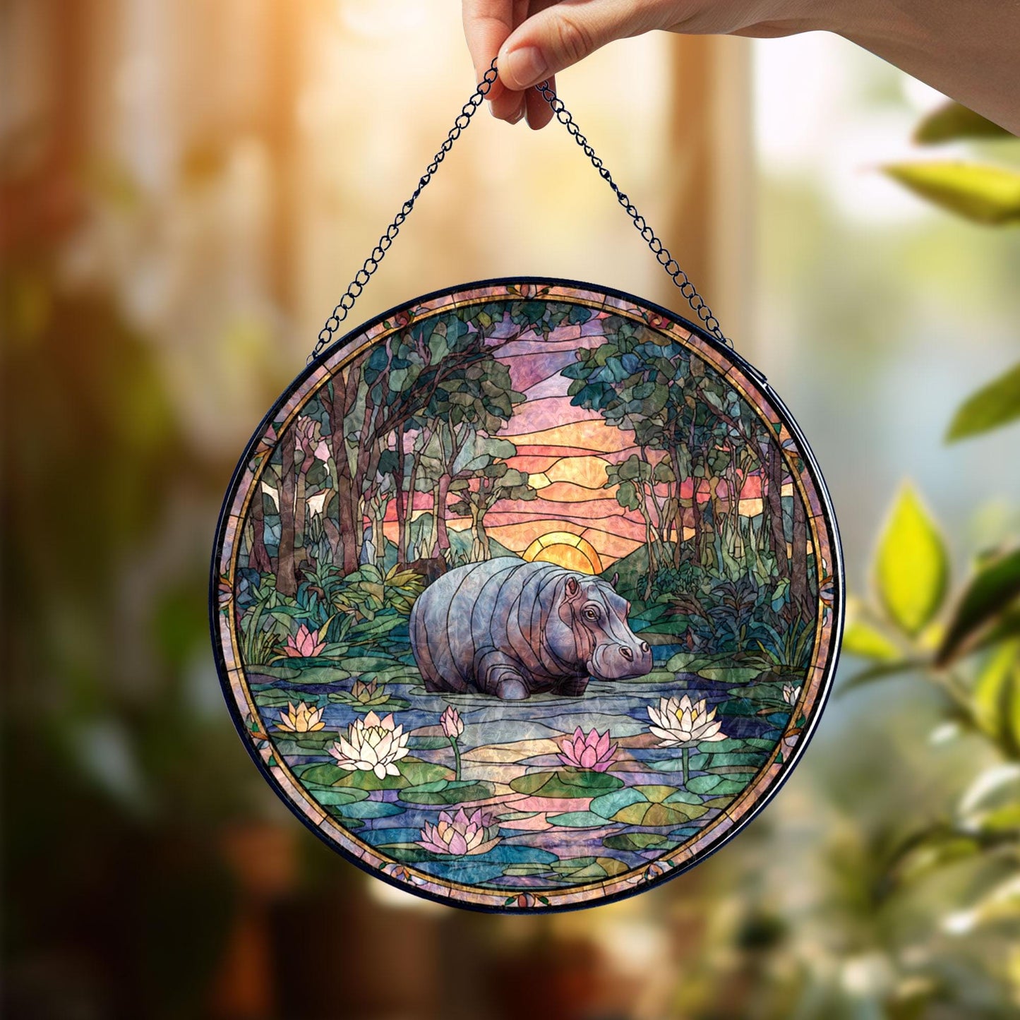Hippo Pond Stained Glass Suncatcher, Wildlife Window Hanging, Lotus Sunset Landscape Art, Nature Home Decor, Unique Gift