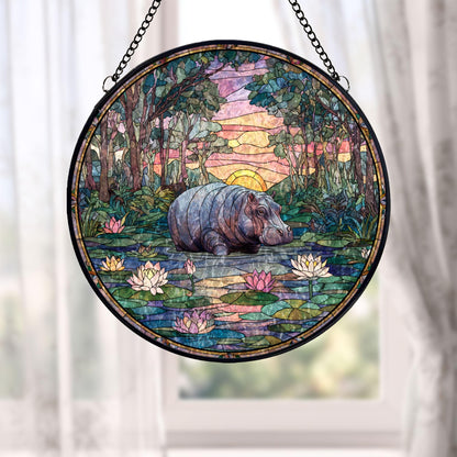 Hippo Pond Stained Glass Suncatcher, Wildlife Window Hanging, Lotus Sunset Landscape Art, Nature Home Decor, Unique Gift