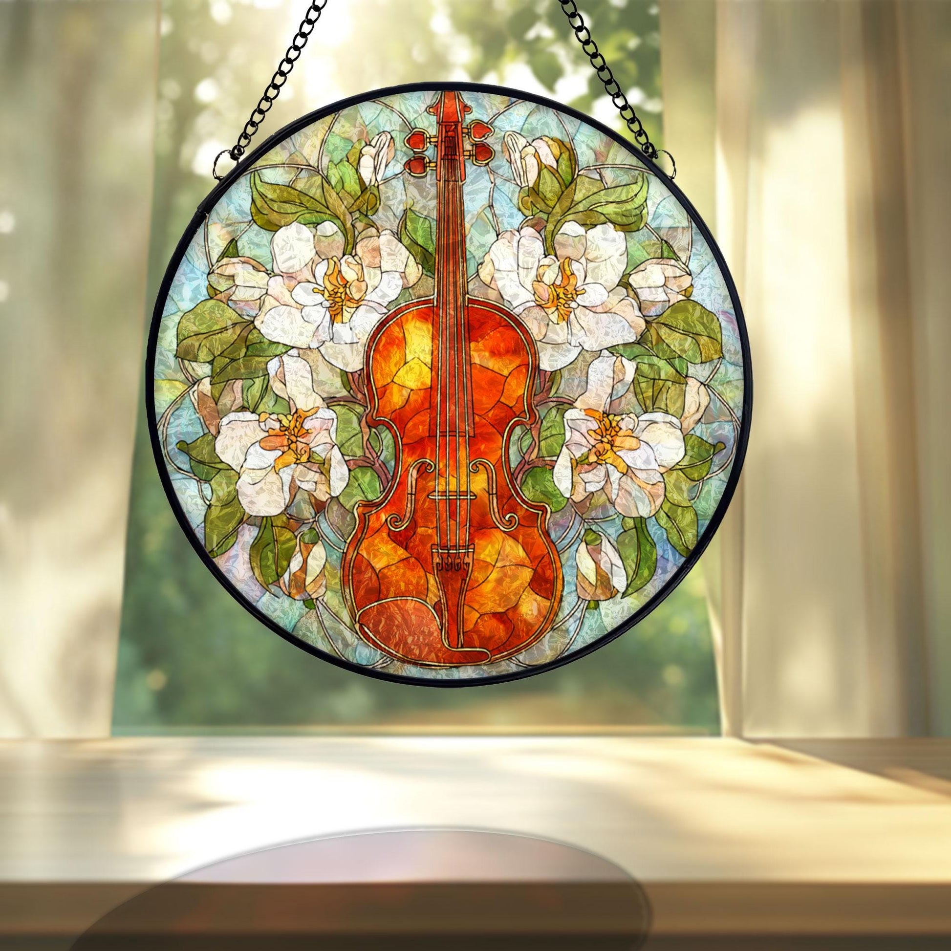 Violin Floral Stained Glass Suncatcher, Music Window Hanging, White Flower Botanical Art, Elegant Home Decor, Gift For Music Lovers