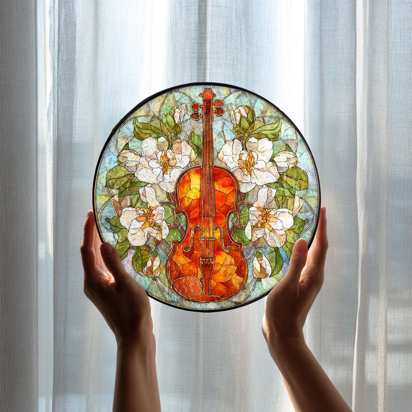 Violin Floral Stained Glass Suncatcher, Music Window Hanging, White Flower Botanical Art, Elegant Home Decor, Gift For Music Lovers