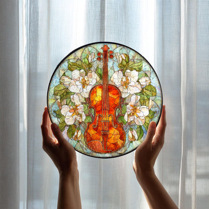 Violin Floral Stained Glass Suncatcher, Music Window Hanging, White Flower Botanical Art, Elegant Home Decor, Gift For Music Lovers