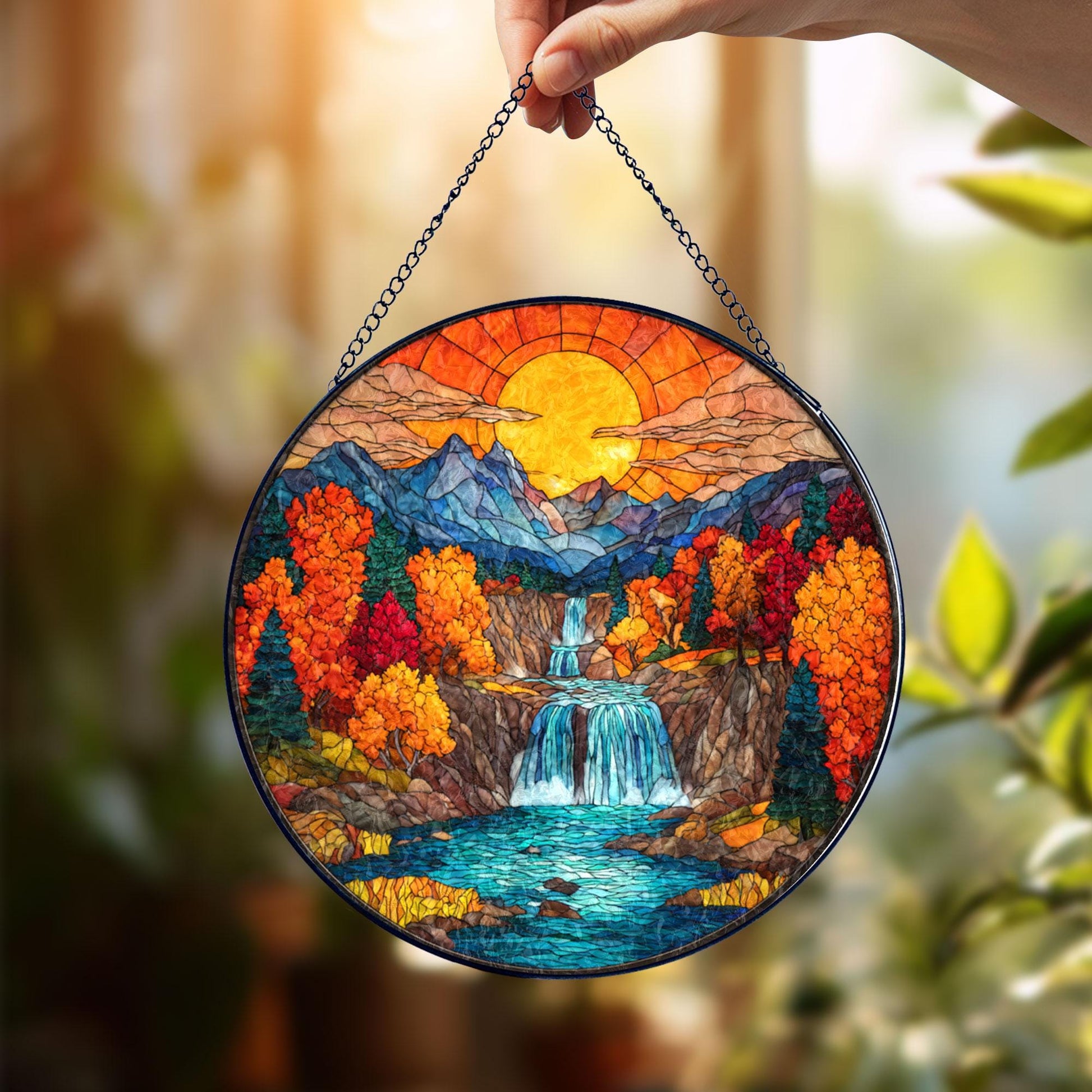 Autumn Mountain Waterfall Stained Glass Suncatcher, Fall Landscape Window Hanging, Sunset Nature Art, Scenic Home Decor, Unique Gift