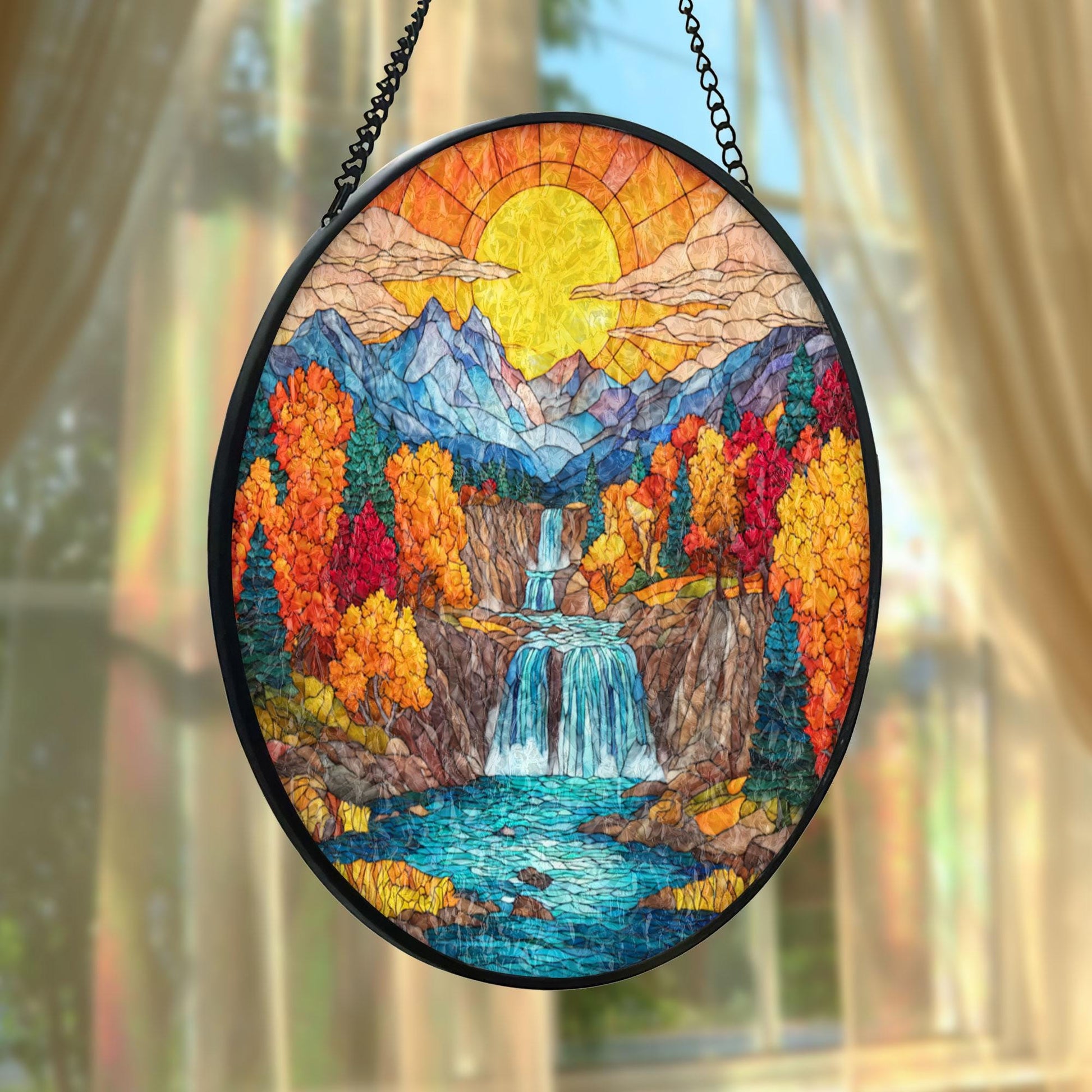 Autumn Mountain Waterfall Stained Glass Suncatcher, Fall Landscape Window Hanging, Sunset Nature Art, Scenic Home Decor, Unique Gift
