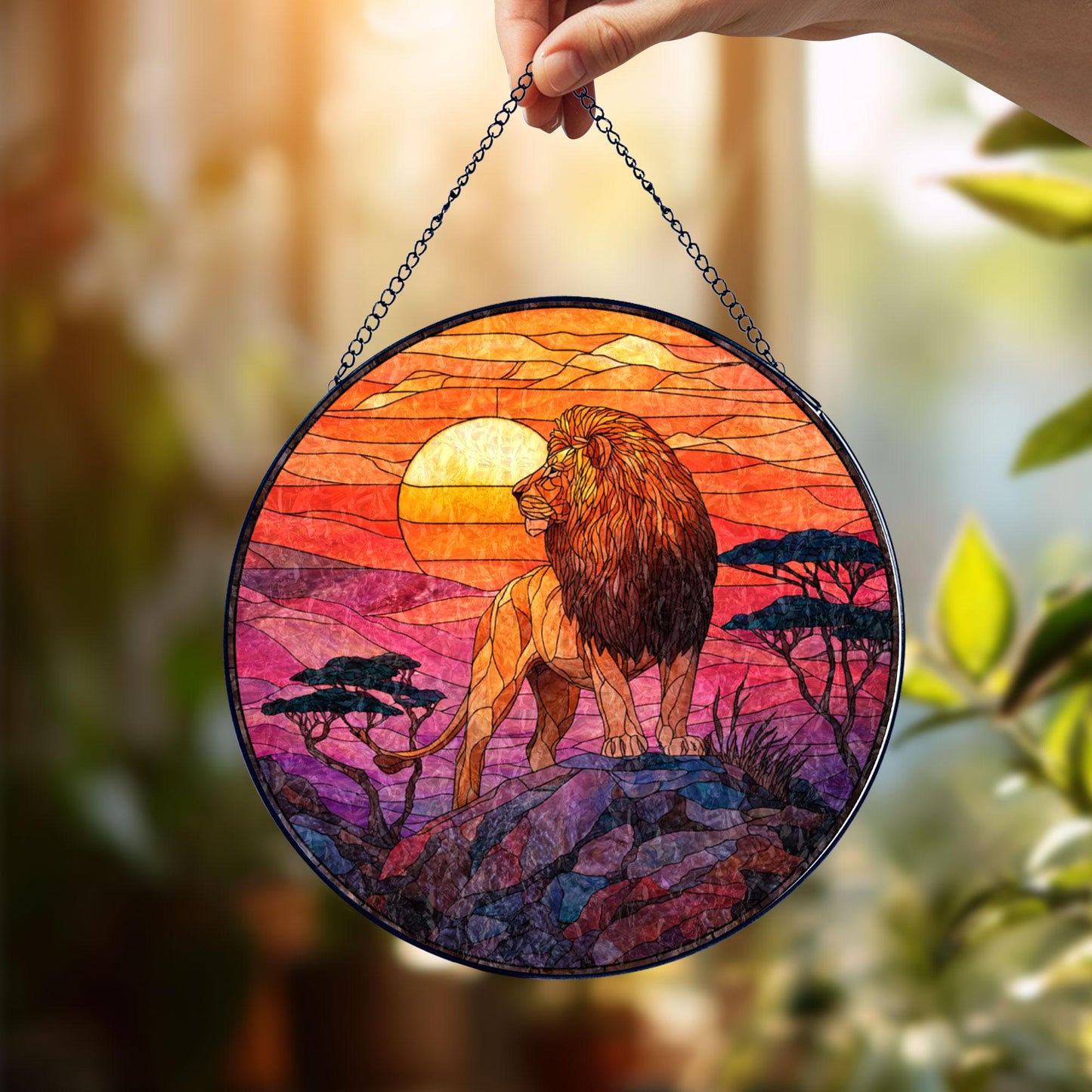 Lion Sunset Stained Glass Suncatcher, African Wildlife Window Hanging, Majestic Animal Art, Safari Home Decor, Unique Gift