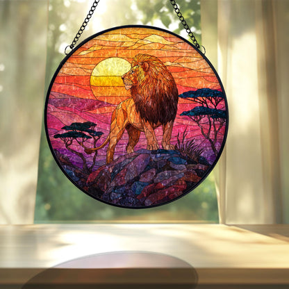 Lion Sunset Stained Glass Suncatcher, African Wildlife Window Hanging, Majestic Animal Art, Safari Home Decor, Unique Gift