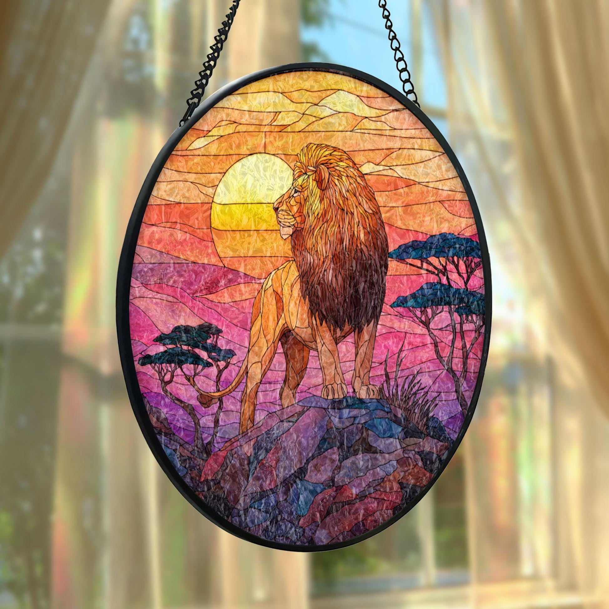 Lion Sunset Stained Glass Suncatcher, African Wildlife Window Hanging, Majestic Animal Art, Safari Home Decor, Unique Gift