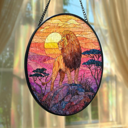 Lion Sunset Stained Glass Suncatcher, African Wildlife Window Hanging, Majestic Animal Art, Safari Home Decor, Unique Gift