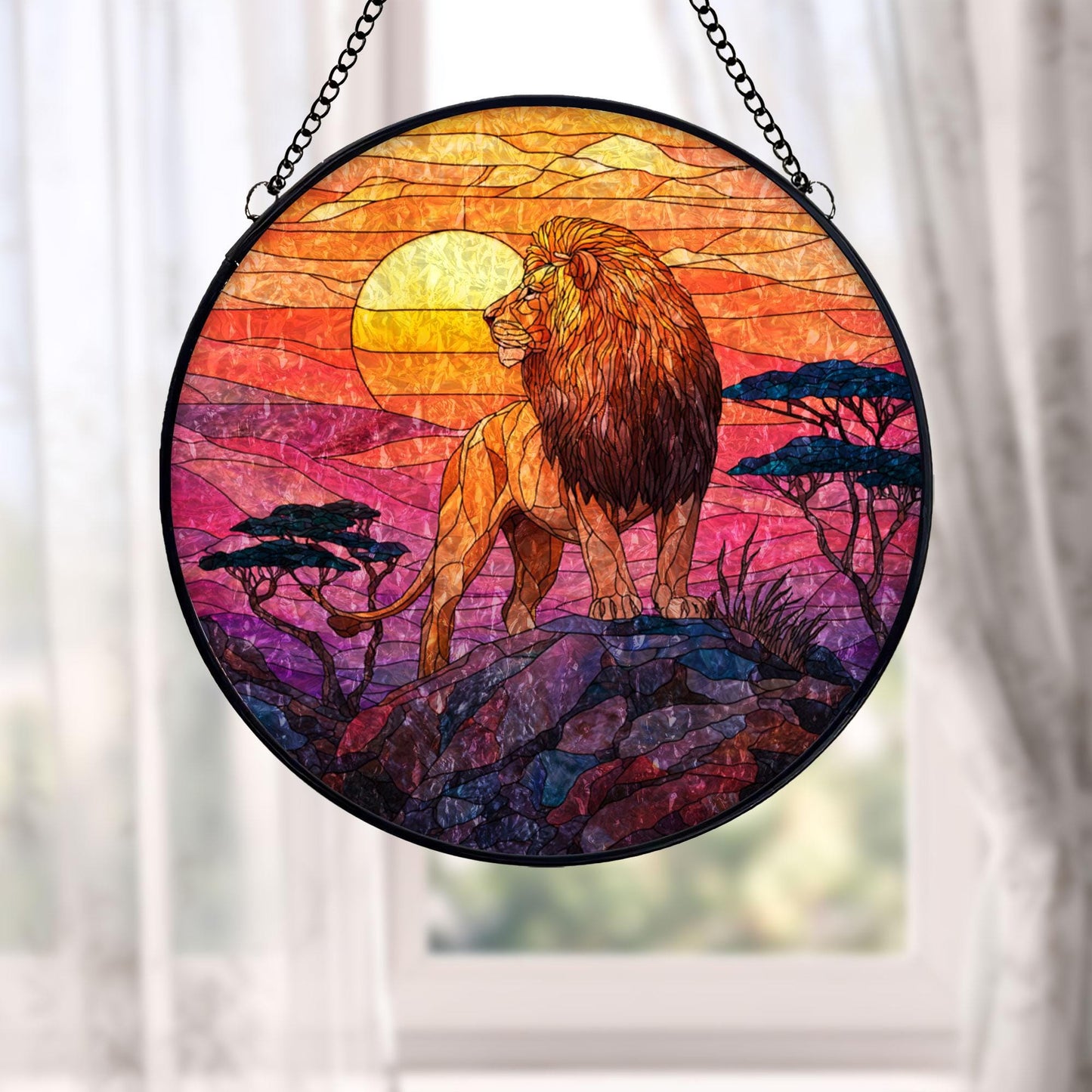 Lion Sunset Stained Glass Suncatcher, African Wildlife Window Hanging, Majestic Animal Art, Safari Home Decor, Unique Gift