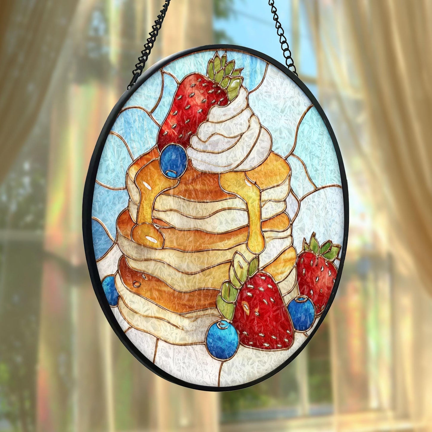 Pancake Breakfast Stained Glass Suncatcher, Strawberry Blueberry Dessert Art, Kitchen Window Hanging, Food Lover Decor, Cute Gift