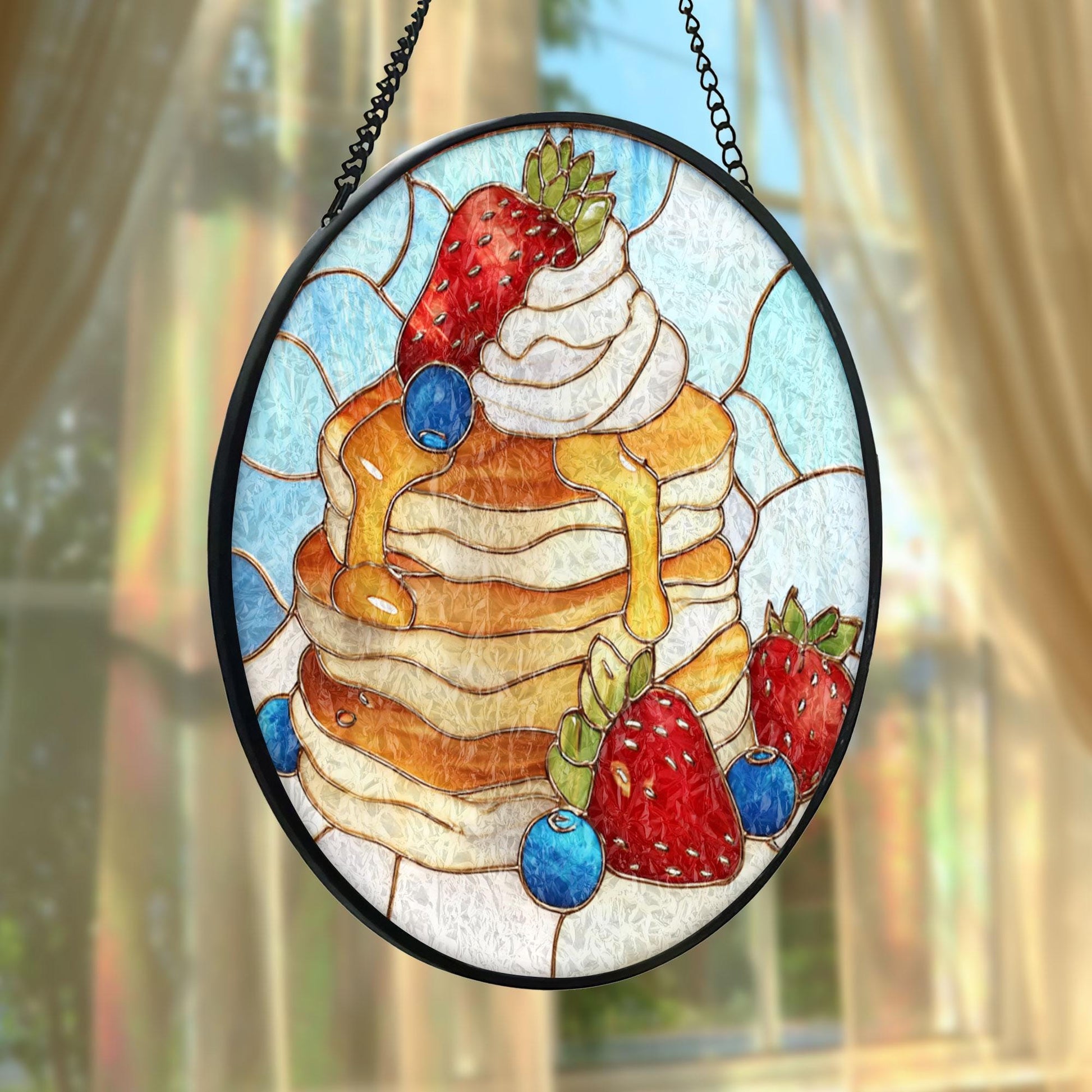 Pancake Breakfast Stained Glass Suncatcher, Strawberry Blueberry Dessert Art, Kitchen Window Hanging, Food Lover Decor, Cute Gift
