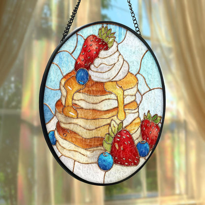 Pancake Breakfast Stained Glass Suncatcher, Strawberry Blueberry Dessert Art, Kitchen Window Hanging, Food Lover Decor, Cute Gift