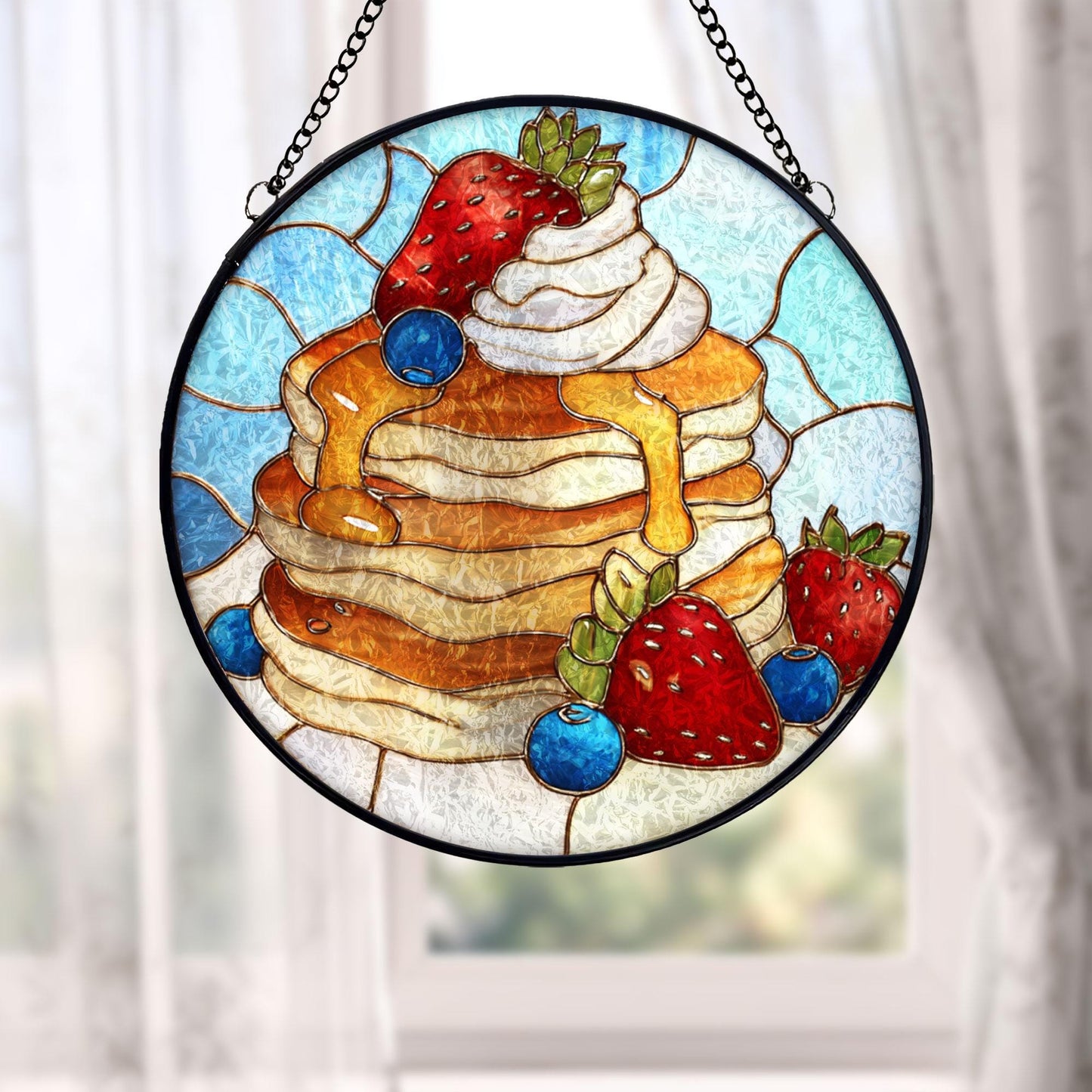 Pancake Breakfast Stained Glass Suncatcher, Strawberry Blueberry Dessert Art, Kitchen Window Hanging, Food Lover Decor, Cute Gift