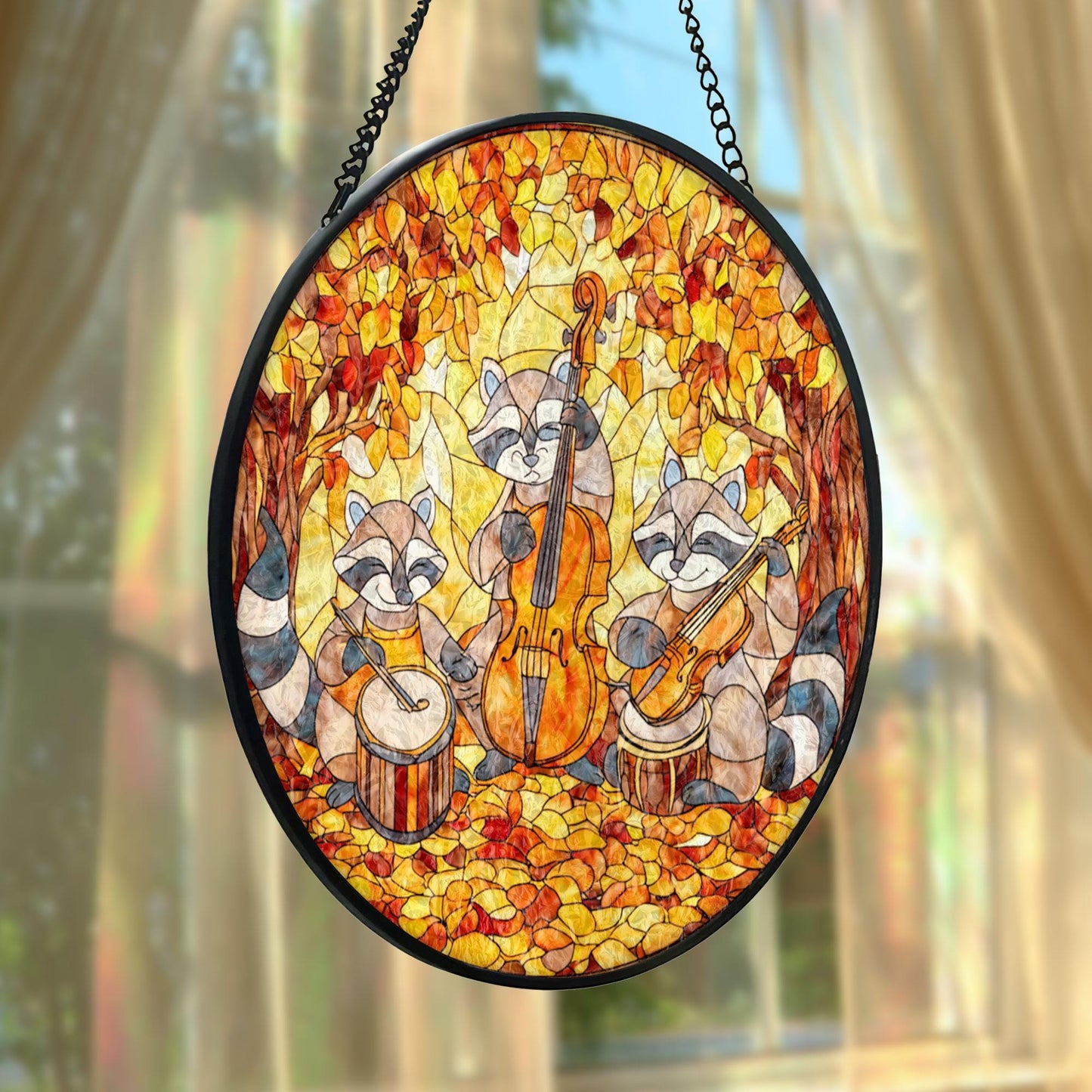 Raccoon Music Band Stained Glass Suncatcher, Cute Animal Orchestra Window Hanging, Autumn Forest Art, Whimsical Home Decor, Unique Gift