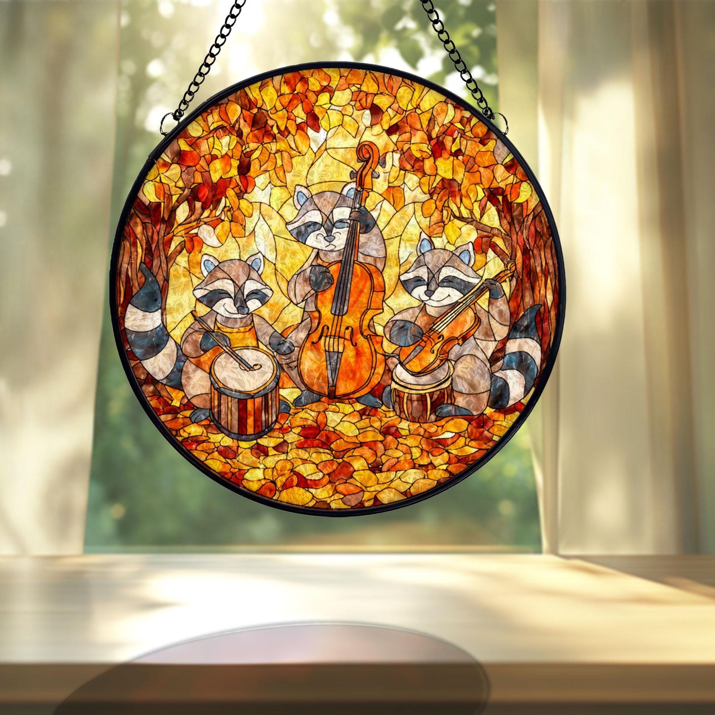 Raccoon Music Band Stained Glass Suncatcher, Cute Animal Orchestra Window Hanging, Autumn Forest Art, Whimsical Home Decor, Unique Gift