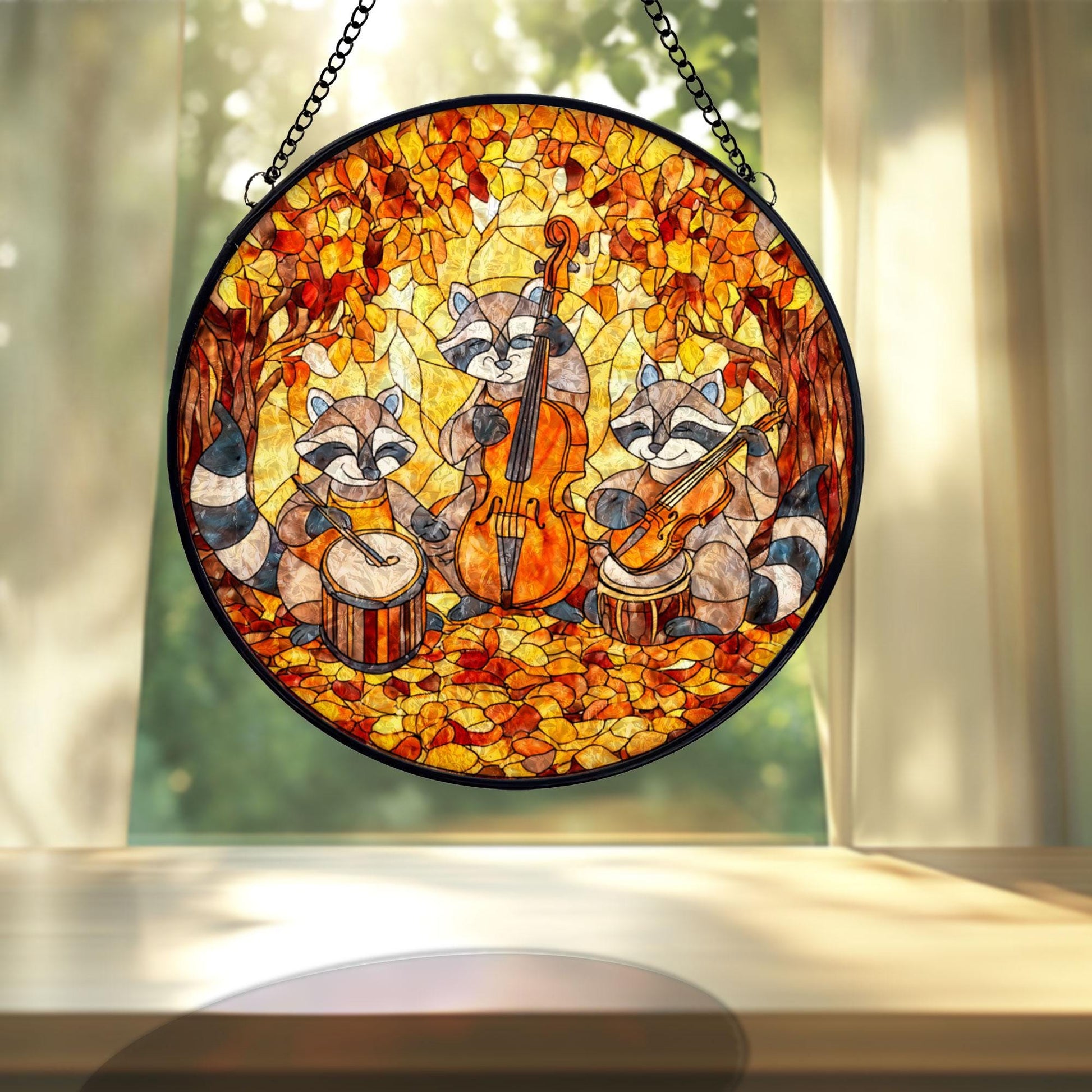 Raccoon Music Band Stained Glass Suncatcher, Cute Animal Orchestra Window Hanging, Autumn Forest Art, Whimsical Home Decor, Unique Gift