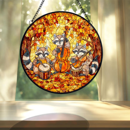 Raccoon Music Band Stained Glass Suncatcher, Cute Animal Orchestra Window Hanging, Autumn Forest Art, Whimsical Home Decor, Unique Gift
