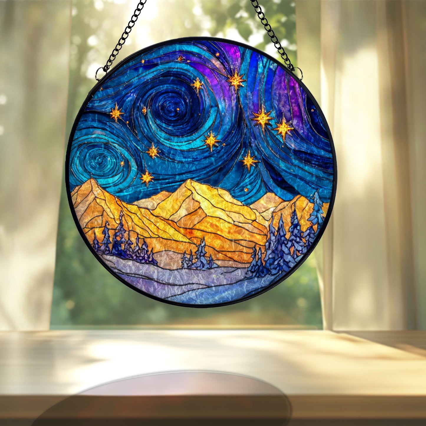 Starry Night Mountain Stained Glass Suncatcher, Van Gogh Inspired Landscape, Night Sky Window Hanging, Artistic Home Decor, Unique Gift