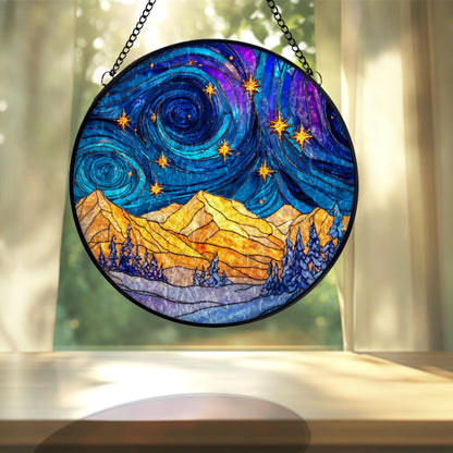 Starry Night Mountain Stained Glass Suncatcher, Van Gogh Inspired Landscape, Night Sky Window Hanging, Artistic Home Decor, Unique Gift