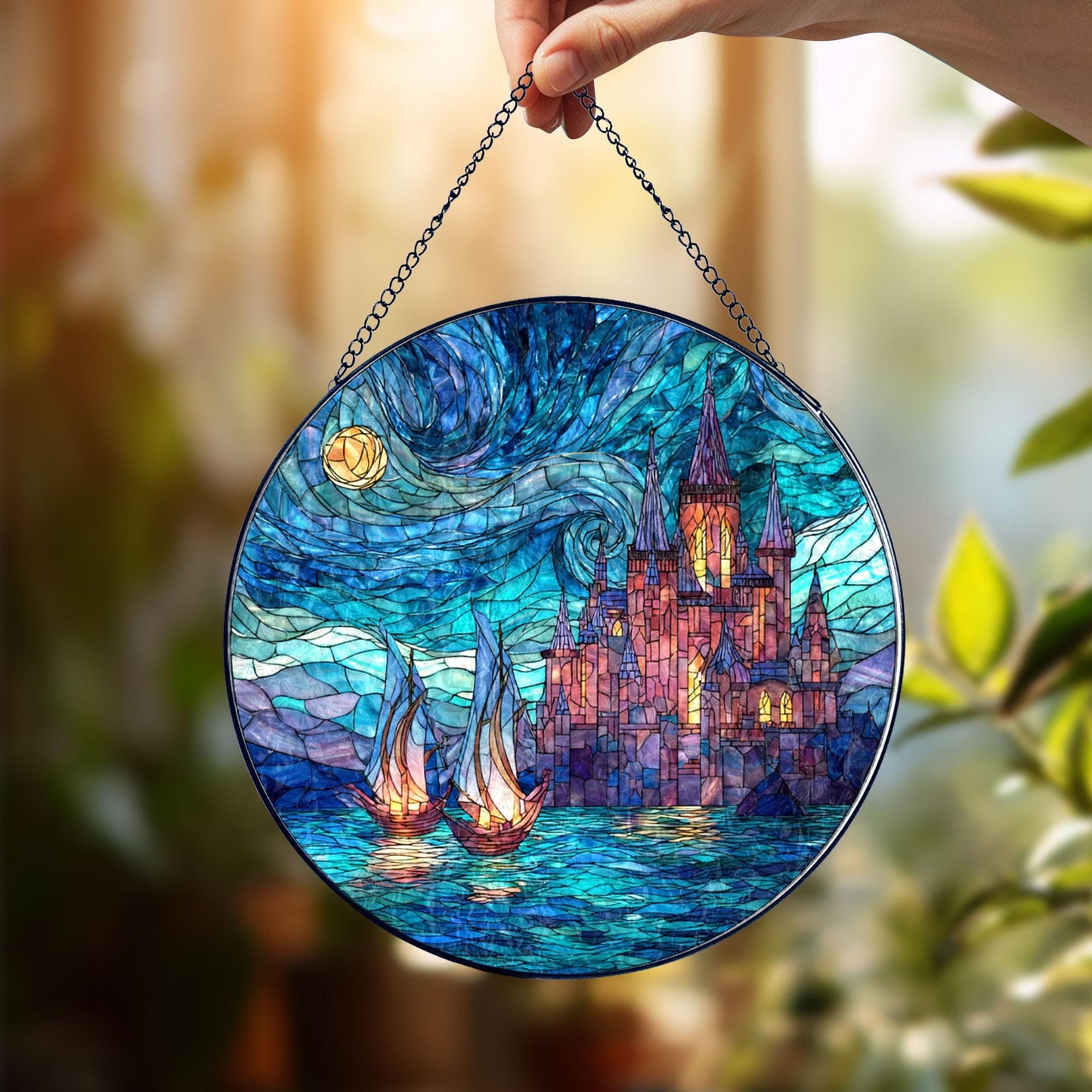 Fantasy Castle Stained Glass Suncatcher, Fairytale Window Hanging Decor, Night Sky Sun Catcher, Magical Castle Art, Gift for Fantasy Lovers