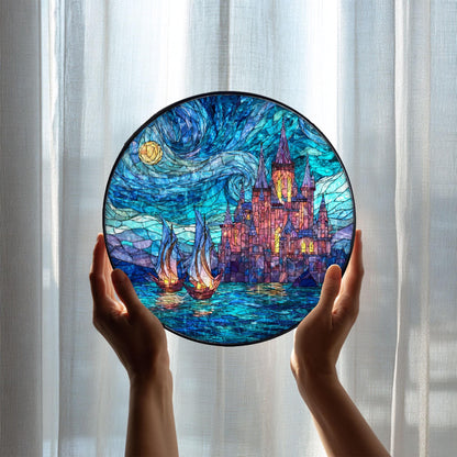 Fantasy Castle Stained Glass Suncatcher, Fairytale Window Hanging Decor, Night Sky Sun Catcher, Magical Castle Art, Gift for Fantasy Lovers