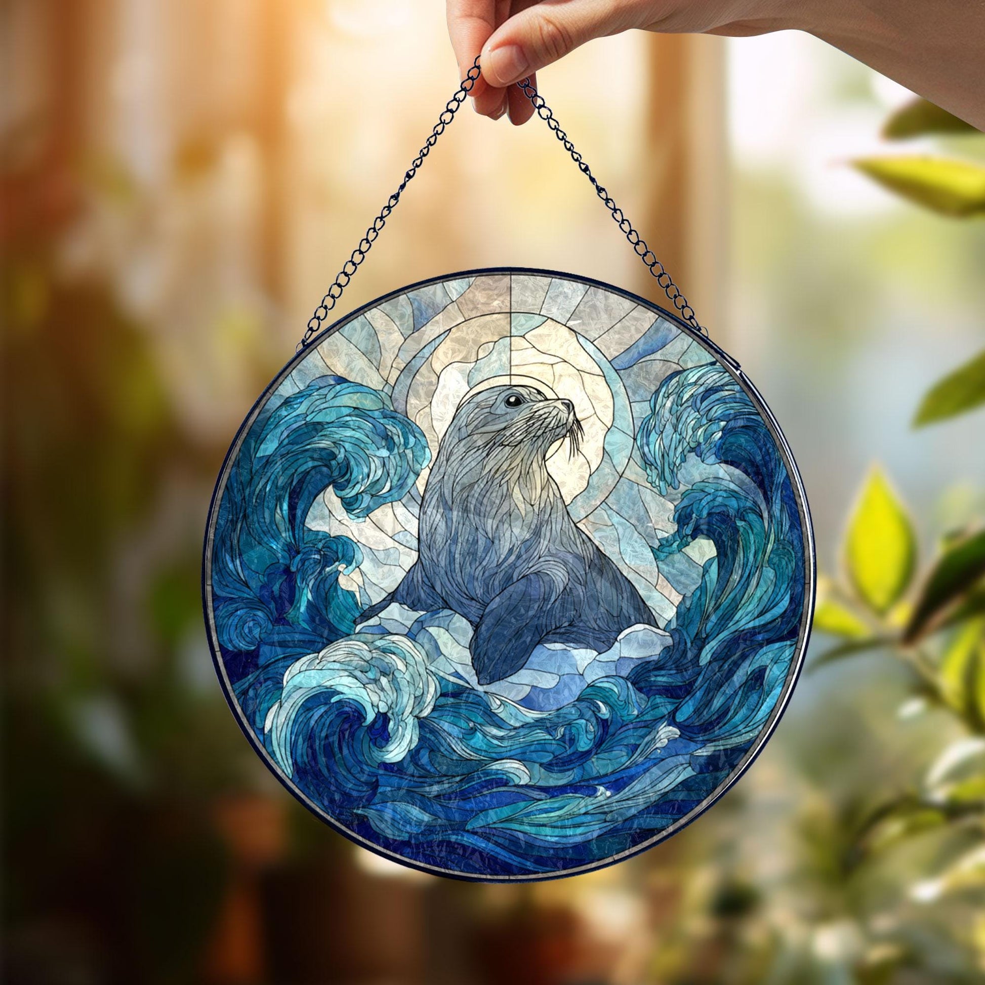 Sea Lion Stained Glass Suncatcher, Ocean Animal Window Hanging Decor, Blue Wave Sun Catcher Art, Coastal Home Decor, Gift for Ocean Lovers
