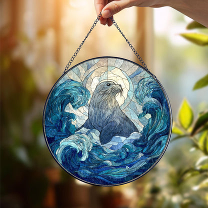 Sea Lion Stained Glass Suncatcher, Ocean Animal Window Hanging Decor, Blue Wave Sun Catcher Art, Coastal Home Decor, Gift for Ocean Lovers
