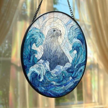 Sea Lion Stained Glass Suncatcher, Ocean Animal Window Hanging Decor, Blue Wave Sun Catcher Art, Coastal Home Decor, Gift for Ocean Lovers