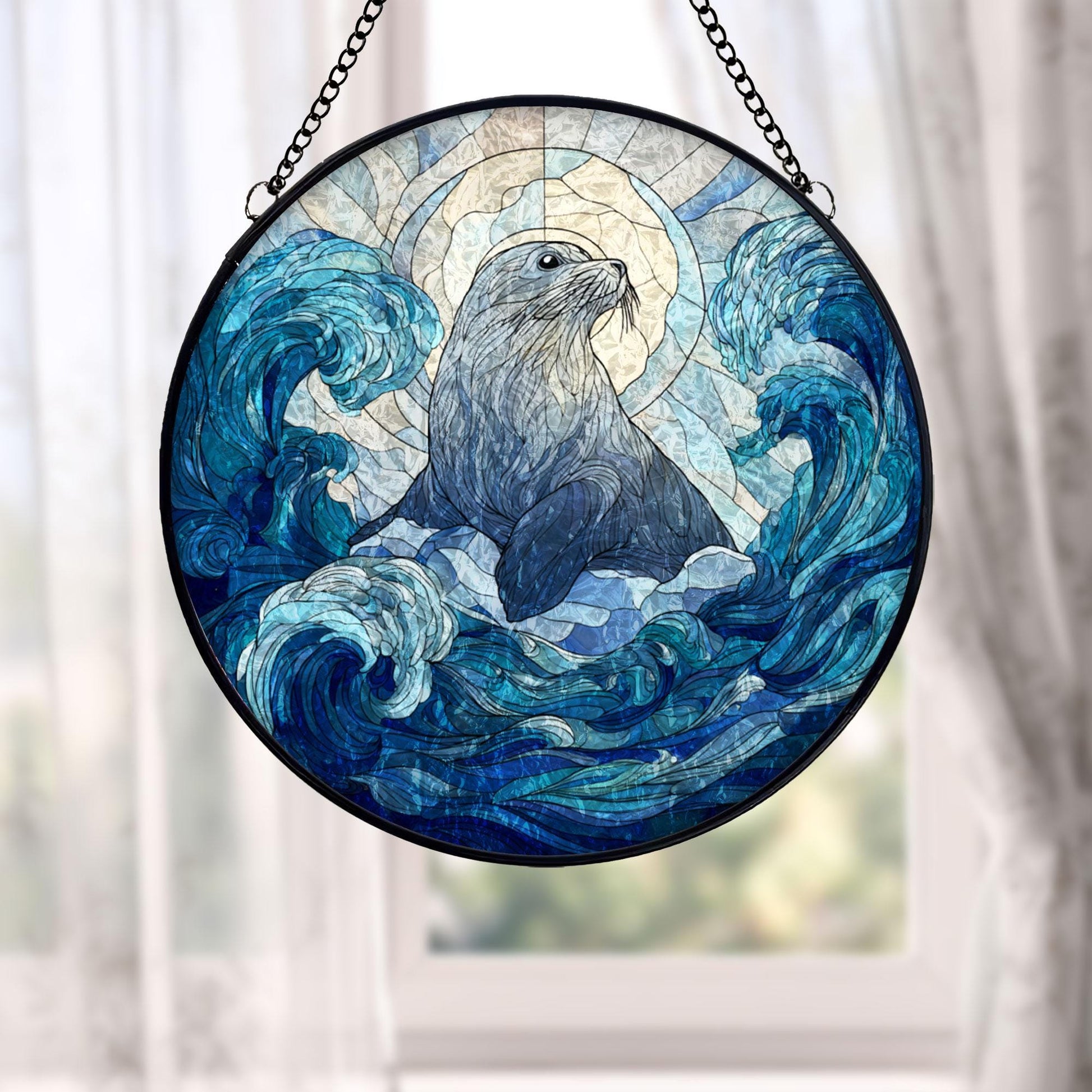 Sea Lion Stained Glass Suncatcher, Ocean Animal Window Hanging Decor, Blue Wave Sun Catcher Art, Coastal Home Decor, Gift for Ocean Lovers