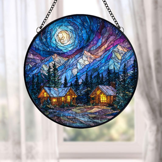 Mountain Cabin Night Stained Glass Suncatcher, Cozy Forest Lodge Window Hanging, Moonlit Landscape Sun Catcher, Rustic Home Decor Gift
