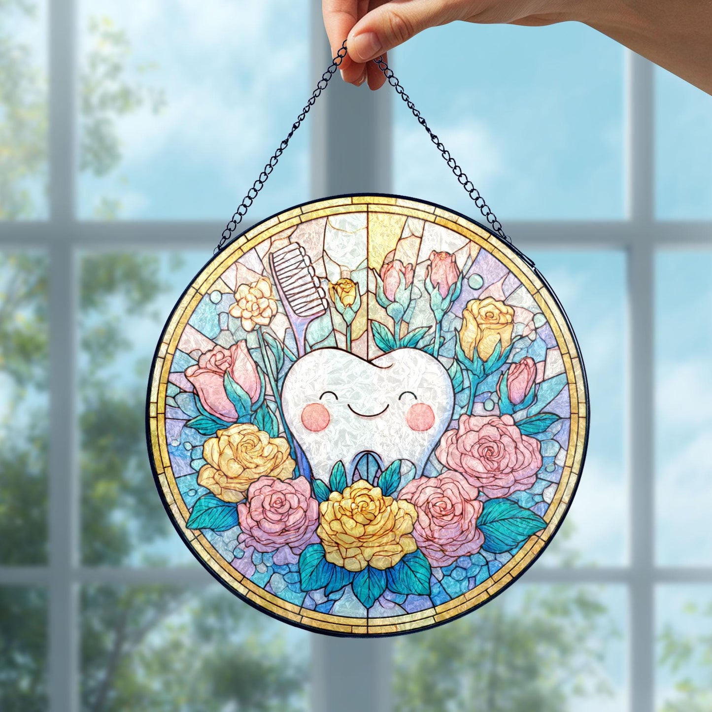 Smiling Tooth With Flowers Stained Glass Suncatcher, Colorful Dental Art Window Hanging, Cute Sun Catcher Decor, Dentist Gift