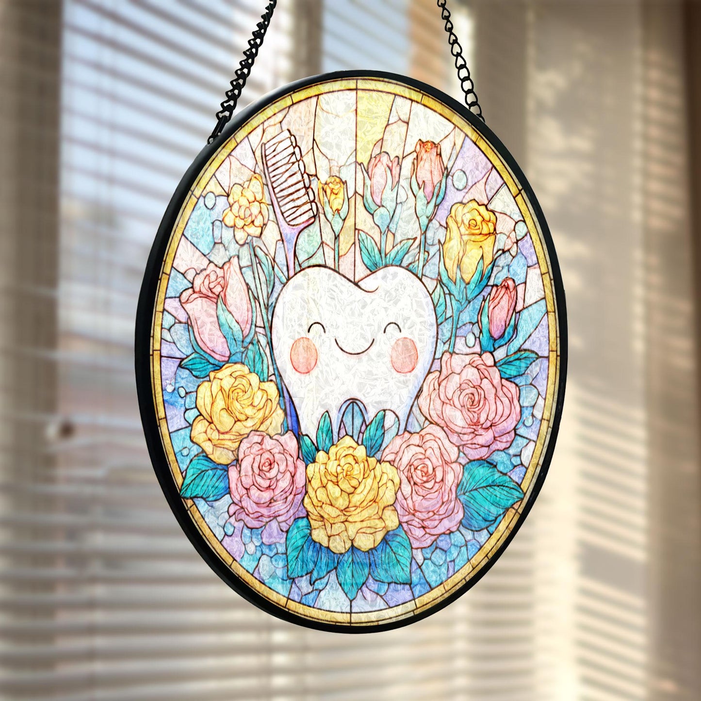 Smiling Tooth With Flowers Stained Glass Suncatcher, Colorful Dental Art Window Hanging, Cute Sun Catcher Decor, Dentist Gift